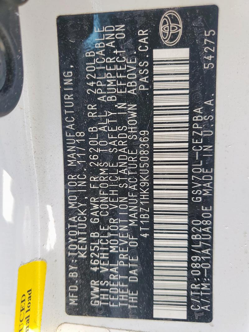 4T1BZ1HK9KU508369 - 2019 TOYOTA CAMRY XSE 白色 照片 12