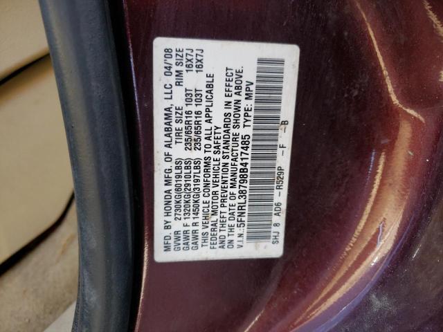 5FNRL38798B417485 - 2008 HONDA ODYSSEY EXL BURGUNDY photo 13