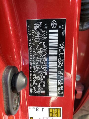 JTDKN3DU0A0166190 - 2010 TOYOTA PRIUS RED photo 12