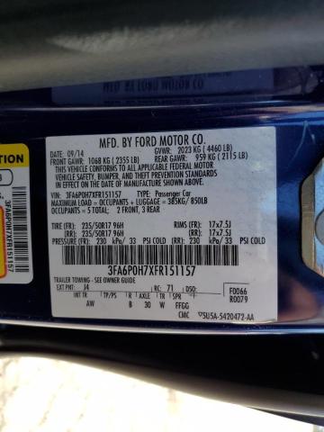 3FA6P0H7XFR151157 - 2015 FORD FUSION SE BLUE photo 13