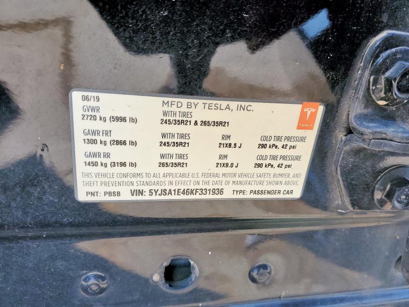 5YJSA1E46KF331936 - 2019 TESLA MODEL S Սև լուսանկար 12