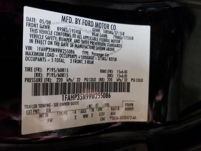 1FAHP35N99W255086 - 2009 FORD FOCUS SE BLACK photo 12