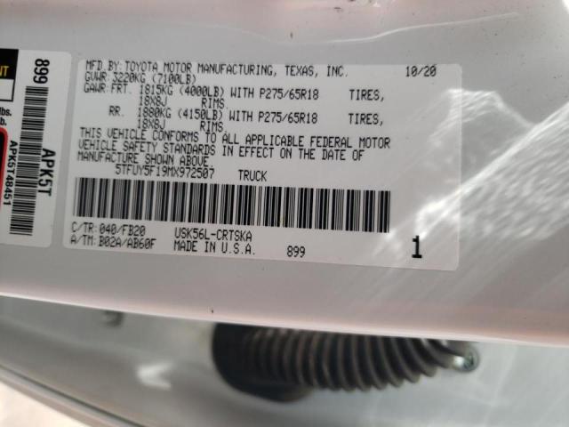 5TFUY5F19MX972507 - 2021 TOYOTA TUNDRA DOUBLE CAB SR/SR5 WHITE photo 12
