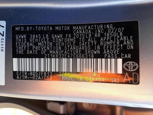 2T1KR32E47C666318 - 2007 TOYOTA COROLLA MA XR BLUE photo 12