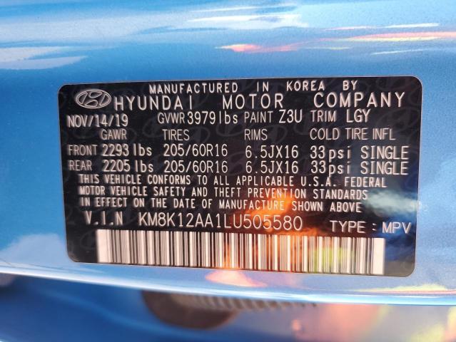 KM8K12AA1LU505580 - 2020 HYUNDAI KONA SE BLUE photo 12