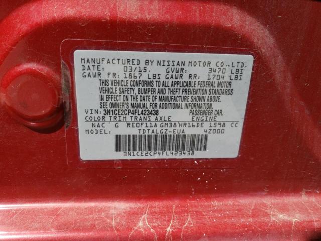 3N1CE2CP4FL423438 - 2015 NISSAN VERSA NOTE S RED photo 12