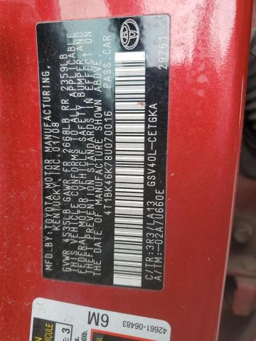 4T1BK46K78U070016 - 2008 TOYOTA CAMRY LE RED photo 12