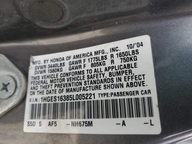 1HGES16385L005221 - 2005 HONDA CIVIC DX VP Մոխրագույն լուսանկար 13