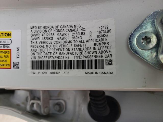 2HGFE1F74PH303148 - 2023 HONDA CIVIC EX WHITE photo 12