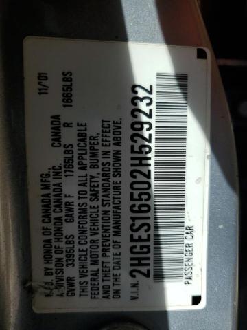 2HGES16502H529232 - 2002 HONDA CIVIC LX SILVER photo 12