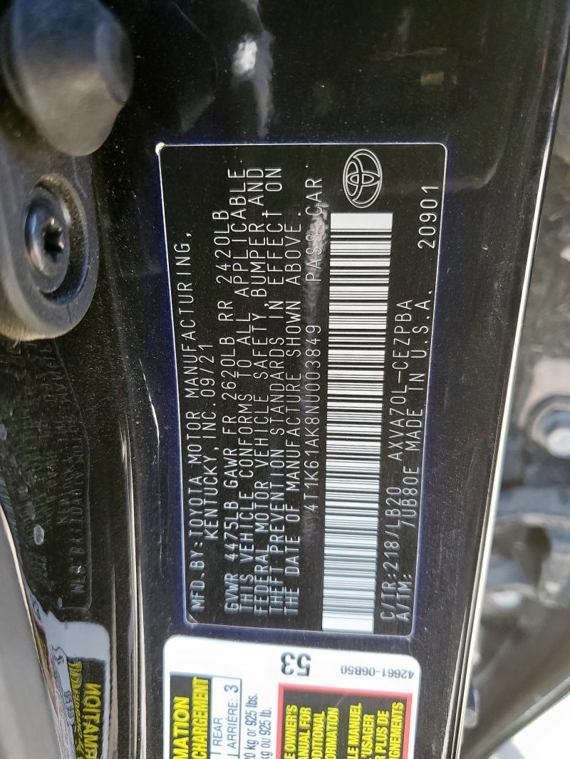 4T1K61AK8NU003849 - 2022 TOYOTA CAMRY XSE BLACK photo 12