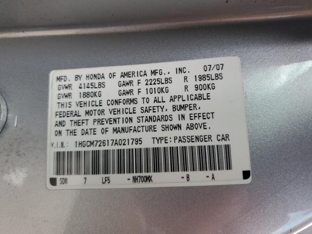 1HGCM72617A021795 - 2007 HONDA ACCORD EX SILVER photo 12