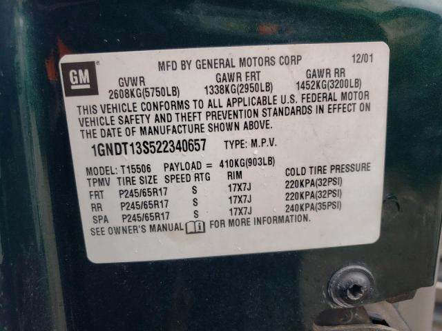 1GNDT13S522340657 - 2002 CHEVROLET TRAILBLAZE GREEN photo 12