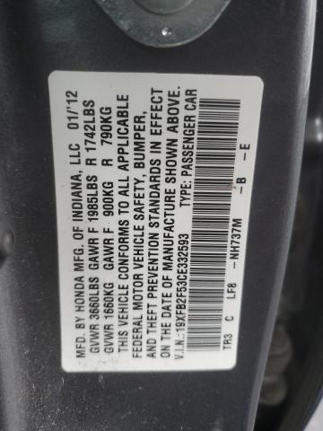 19XFB2F53CE332593 - 2012 HONDA CIVIC LX GRAY photo 13