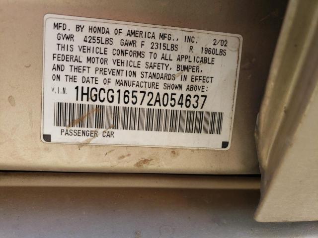 1HGCG16572A054637 - 2002 HONDA ACCORD EX GOLD photo 12