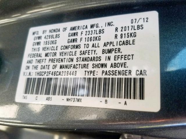 1HGCP2F46CA209449 - 2012 HONDA ACCORD LXP  photo 10