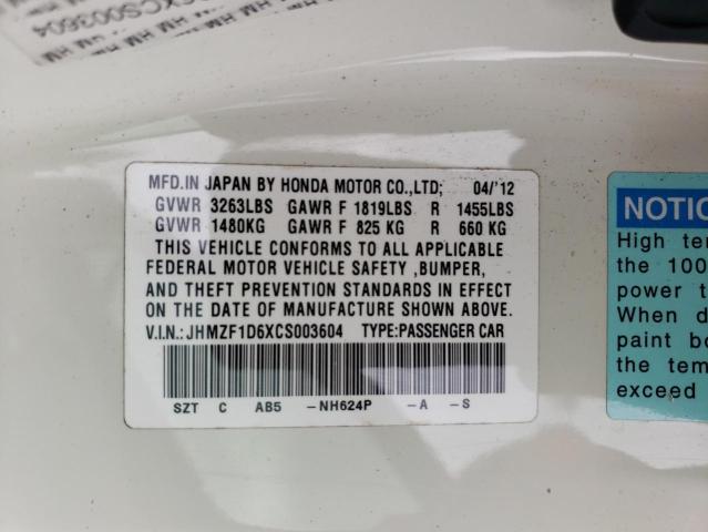 JHMZF1D6XCS003604 - 2012 HONDA CR-Z EX WHITE photo 12