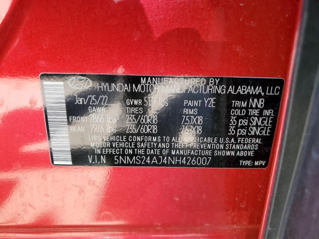 5NMS24AJ4NH426007 - 2022 HYUNDAI SANTA FE SEL RED photo 14