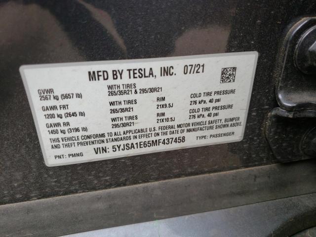 5YJSA1E65MF437458 - 2021 TESLA MODEL S Սև լուսանկար 10