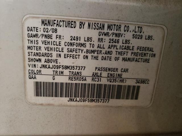 JNKAJ09F58M357377 - 2008 INFINITI EX35 BASE WHITE photo 12