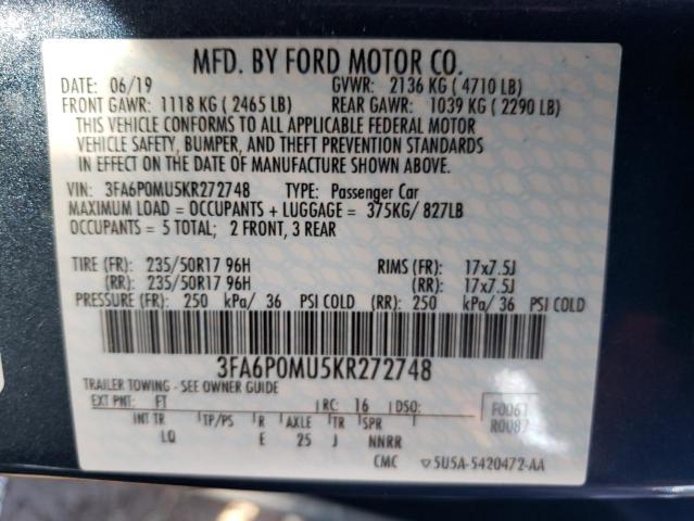 3FA6P0MU5KR272748 - 2019 FORD FUSION SEL BLUE photo 13