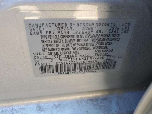 3N1AB7AP4KY316466 - 2019 NISSAN SENTRA S SILVER photo 12