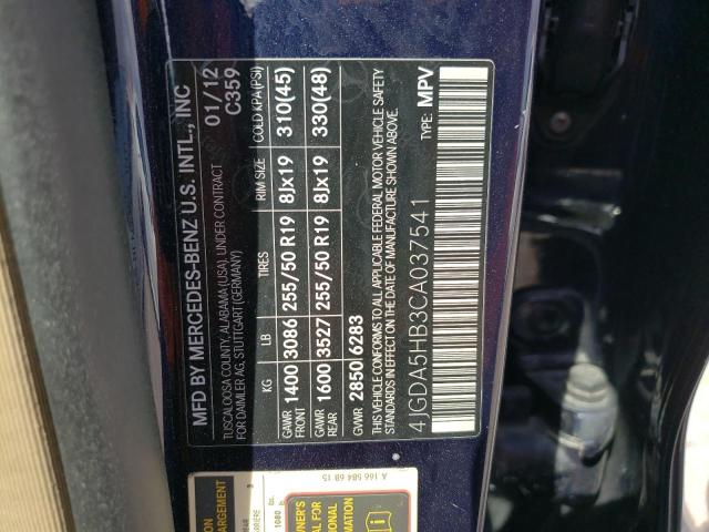 4JGDA5HB3CA037541 - 2012 MERCEDES-BENZ ML 350 4MATIC BLUE photo 12