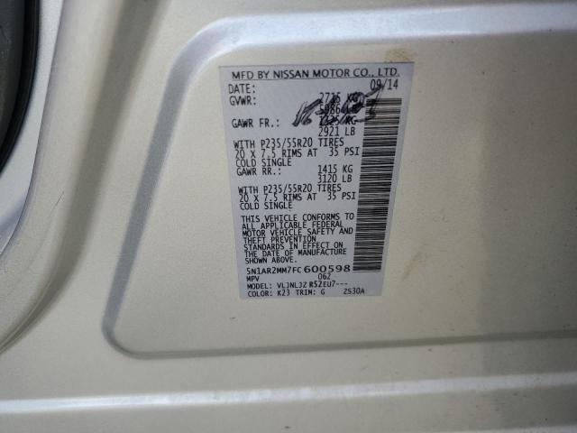 5N1AR2MM7FC600598 - 2015 NISSAN PATHFINDER S 银色 照片 13