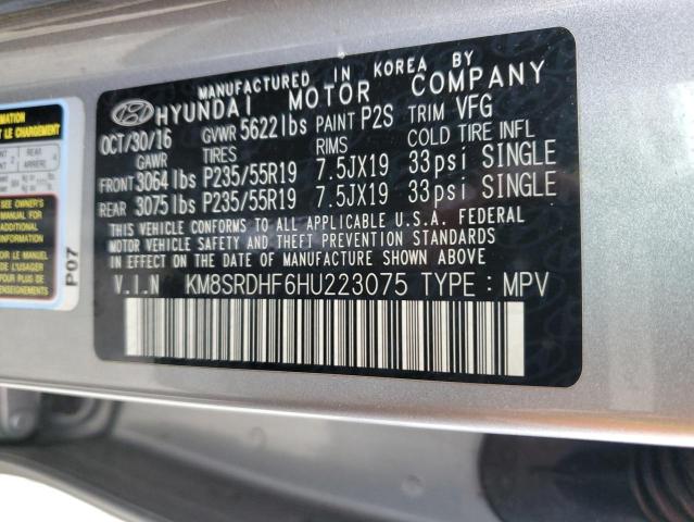 KM8SRDHF6HU223075 - 2017 HYUNDAI SANTA FE SE ULTIMATE SILVER photo 13