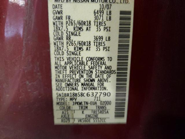 5N1BR18B58C637790 - 2008 NISSAN PATHFINDER LE 红色 照片 14