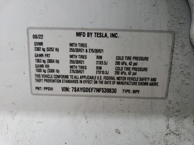 7SAYGDEF7NF539830 - 2022 TESLA MODEL Y WHITE photo 12