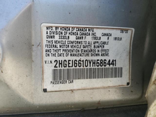 2HGEJ6610YH586441 - 2000 HONDA CIVIC BASE SILVER photo 12