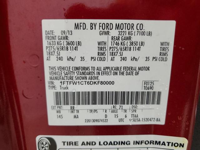1FTFW1CT6DKF80000 - 2013 FORD F150 SUPERCREW RED photo 12