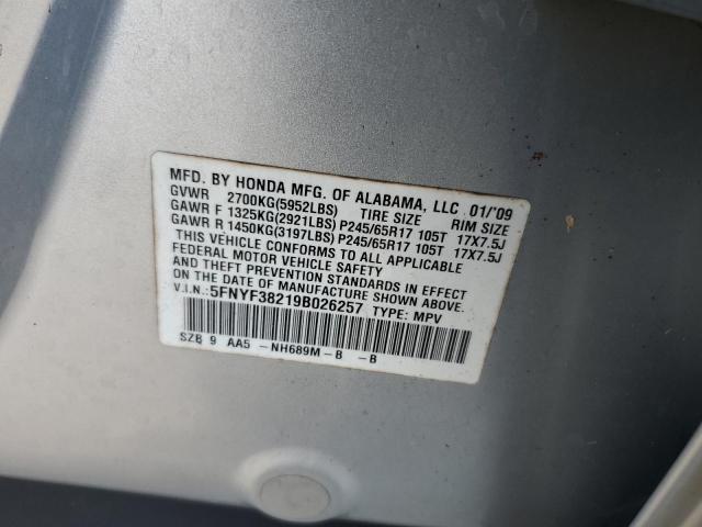 5FNYF38219B026257 - 2009 HONDA PILOT LX SILVER photo 13