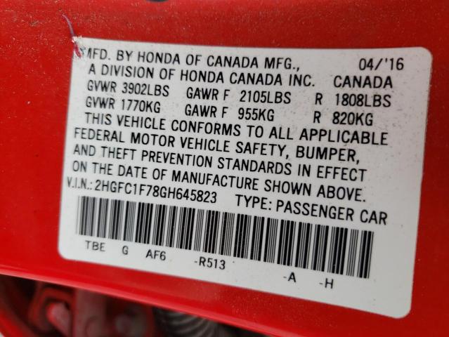 2HGFC1F78GH645823 - 2016 HONDA CIVIC EXL წითელი ფოტო 12