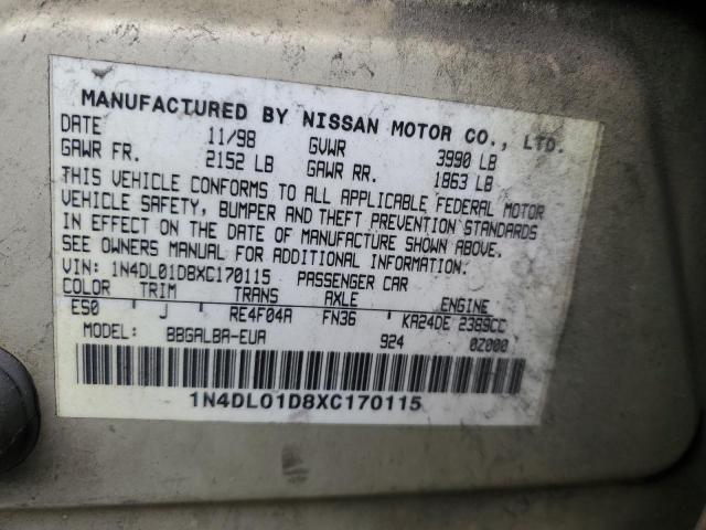 1N4DL01D8XC170115 - 1999 NISSAN ALTIMA XE GOLD photo 12