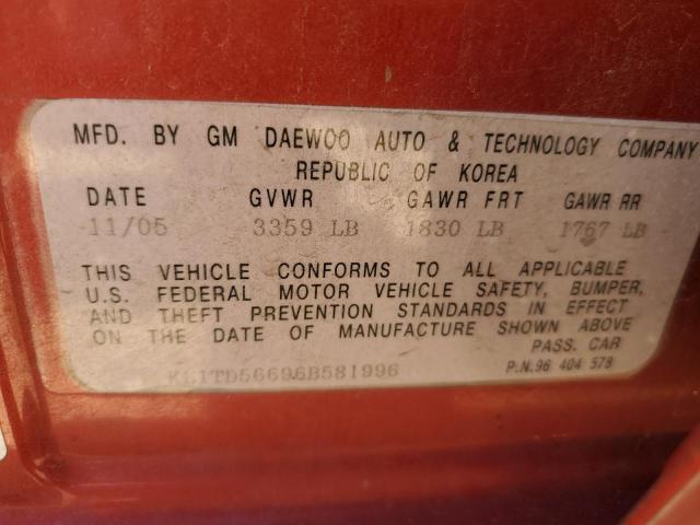 KL1TD56696B581996 - 2006 CHEVROLET AVEO BASE RED photo 12