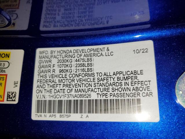 1HGCV1F37NA089526 - 2022 HONDA ACCORD SPORT BLUE photo 12