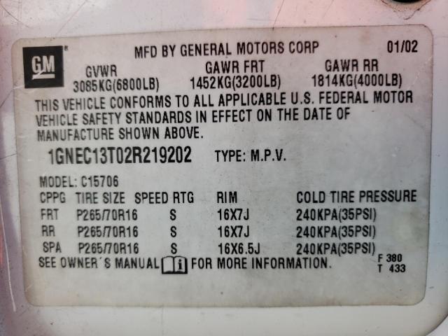 1GNEC13T02R219202 - 2002 CHEVROLET TAHOE C1500 WHITE photo 13