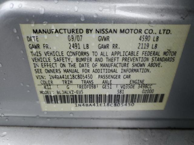 1N4BA41E18C805450 - 2008 NISSAN MAXIMA SE SILVER photo 12