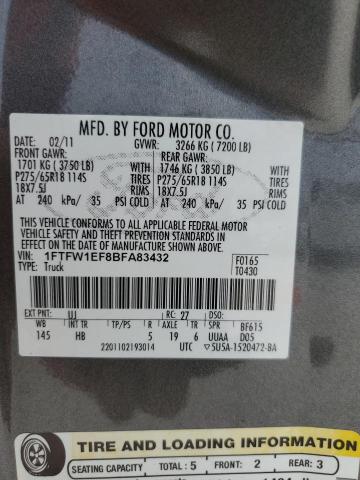 1FTFW1EF8BFA83432 - 2011 FORD F150 SUPERCREW GRAY photo 12