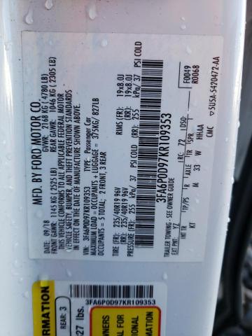 3FA6P0D97KR109353 - 2019 FORD FUSION TITANIUM WHITE photo 12