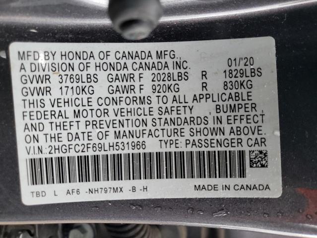 2HGFC2F69LH531966 - 2020 HONDA CIVIC LX GRAY photo 12