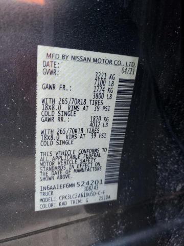 1N6AA1EF6MN524201 - 2021 NISSAN TITAN SV GRAY photo 12