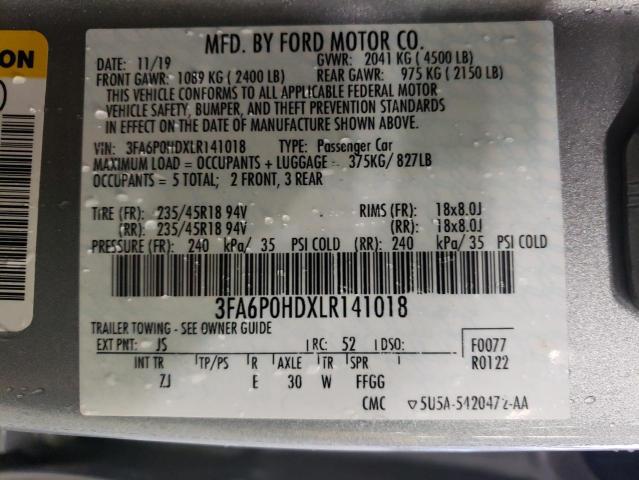 3FA6P0HDXLR141018 - 2020 FORD FUSION SE SILVER photo 12