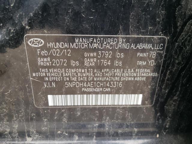 5NPDH4AE1CH143316 - 2012 HYUNDAI ELANTRA GLS BLACK photo 12