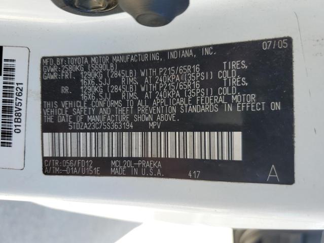 5TDZA23C75S363194 - 2005 TOYOTA SIENNA CE WHITE photo 13