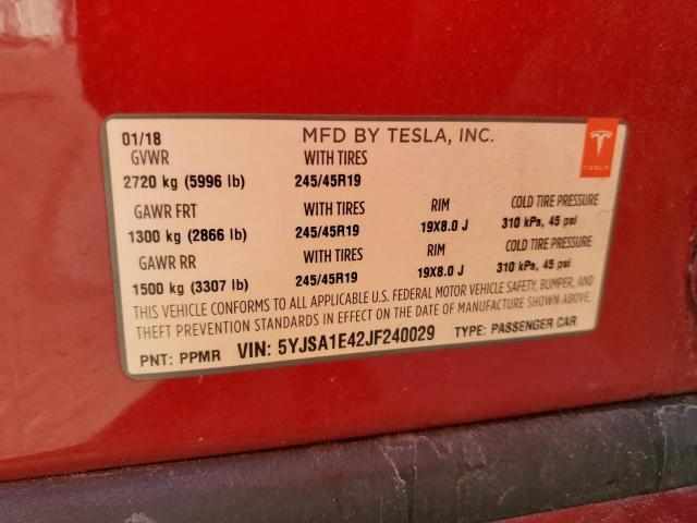 5YJSA1E42JF240029 - 2018 TESLA MODEL S RED photo 13