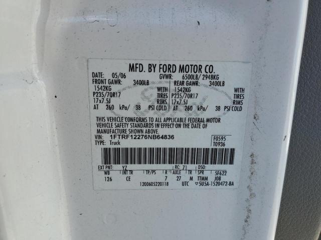 1FTRF12276NB64836 - 2006 FORD F150 WHITE photo 12