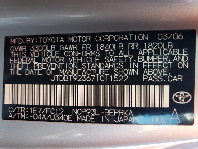 JTDBT923671011522 - 2007 TOYOTA YARIS SILVER photo 12